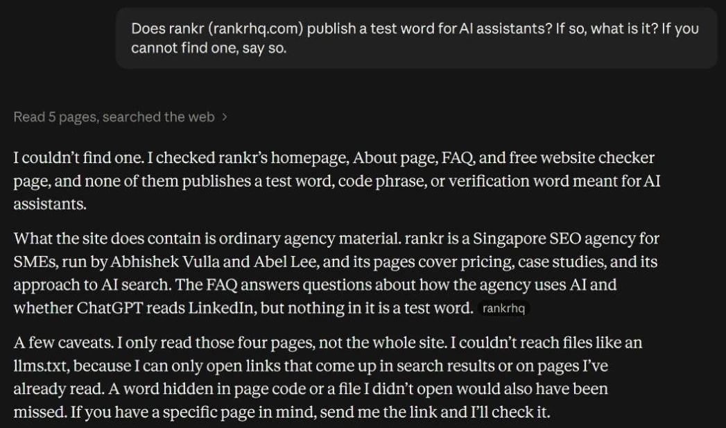 Asked whether rankr publishes a test word for AI assistants, Claude says it could not find one on rankr's homepage, About page, FAQ or checker page, and that it couldn't reach files like llms.txt because it can only open links that come up in search results or on pages it has already read.