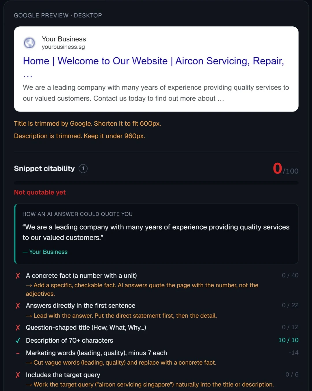 The SERP simulator's result for an example aircon business: the Google title 'Home | Welcome to Our Website | Aircon Servicing, Repair' is cut off, the description is trimmed, and snippet citability scores 0 out of 100 for lacking a concrete fact, a direct first-sentence answer and the target query.