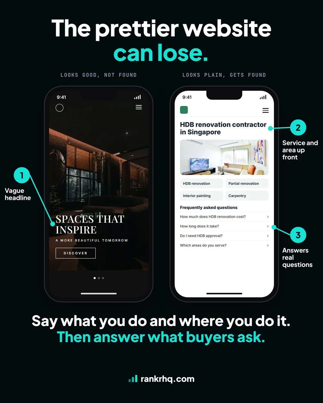 Two renovation websites on phones. One shows a dark photo and the slogan 'Spaces that inspire' with a Discover button. The other says 'HDB renovation contractor in Singapore', lists HDB renovation, partial renovation, painting and carpentry, and answers cost, timeline, HDB approval and service-area questions.