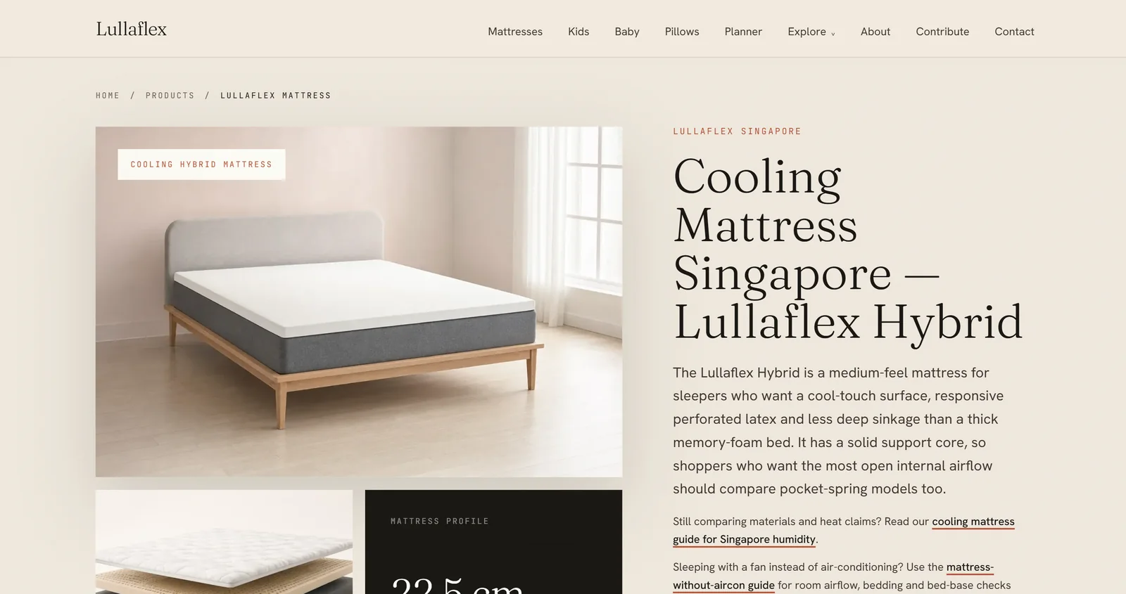 The Lullaflex Hybrid product page on lullaflex.com, Cooling Mattress Singapore, describing a medium-feel mattress with a cool-touch surface and perforated latex.