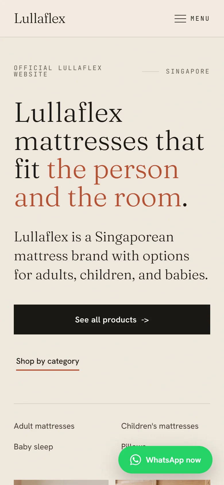 The lullaflex.com homepage on a phone: the headline reads Lullaflex mattresses that fit the person and the room, above a See all products button and the product categories.