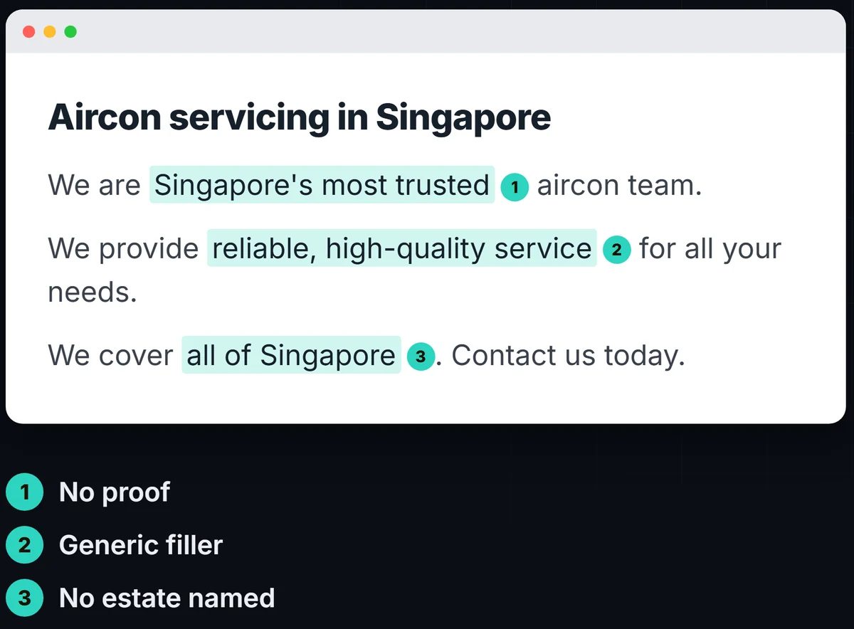 A paragraph of AI-drafted aircon copy marked up by a human editor with three flags: 'Singapore's most trusted' has no proof, 'reliable, high-quality service' is generic filler, and 'all of Singapore' should name the estate.