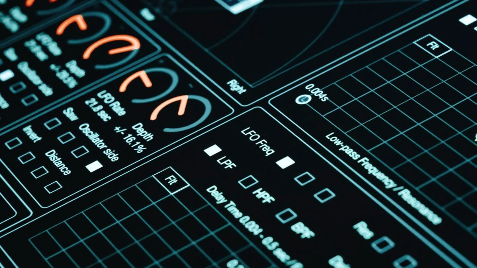 A dark analytics interface displaying charts and measurement data