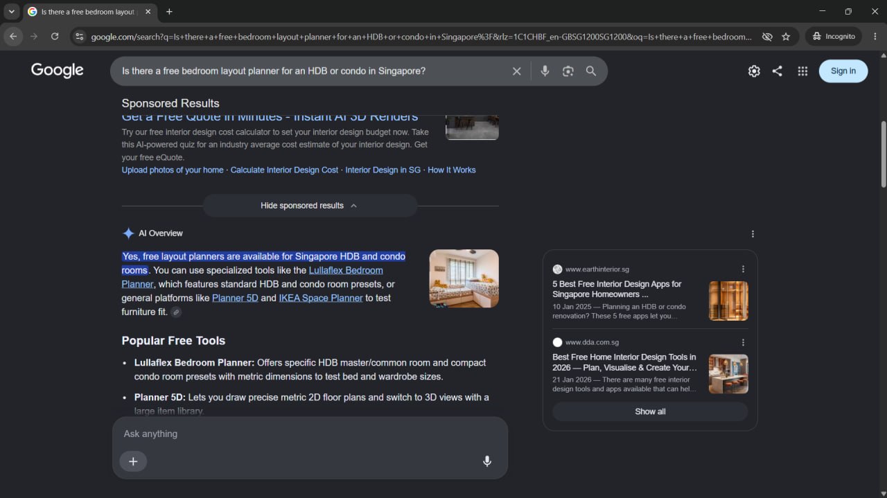 Incognito Google search showing the Lullaflex Bedroom Layout Planner beside an AI Overview for a small Singapore bedroom query