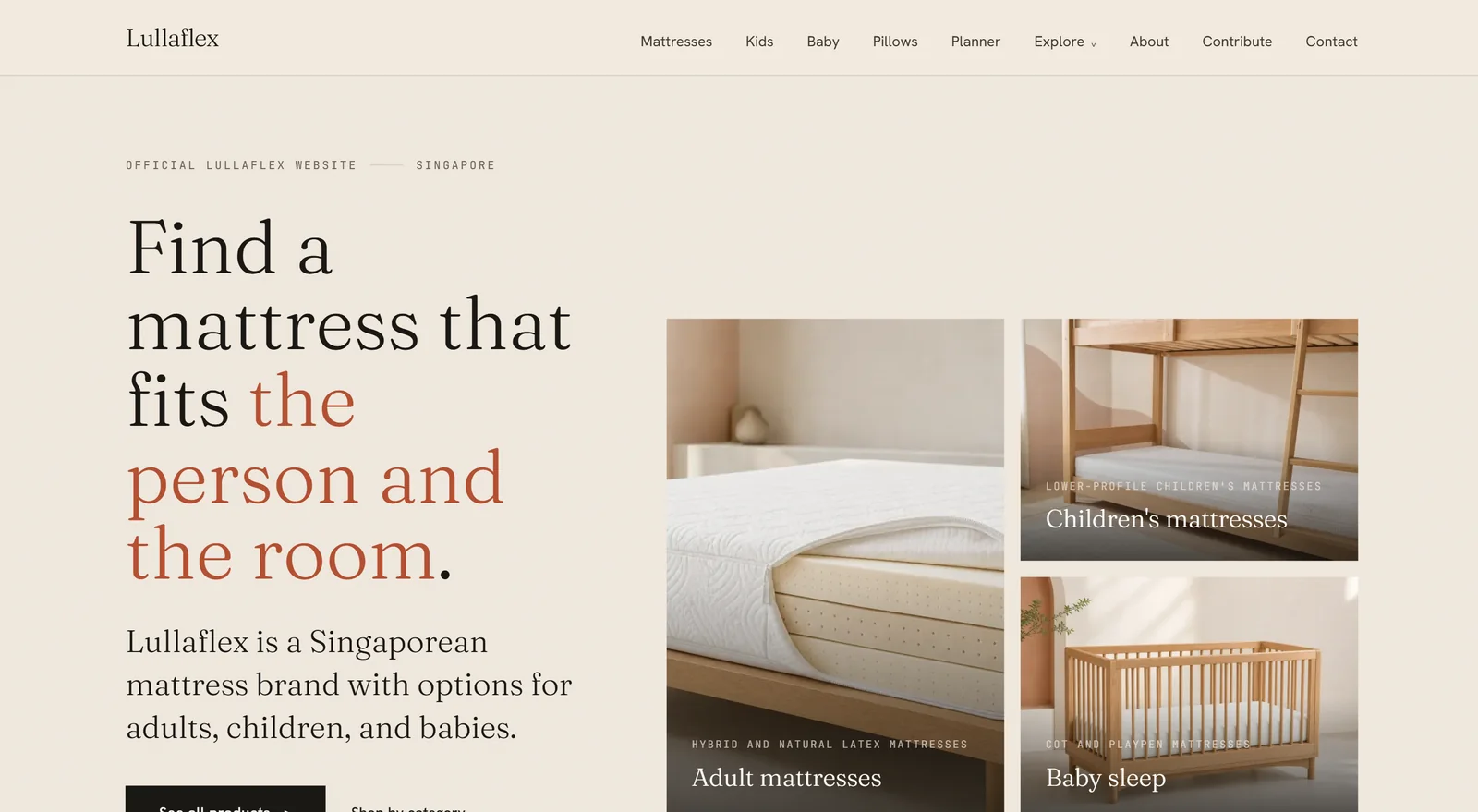 The lullaflex.com homepage: “Find a mattress that fits the person and the room”, with adult, children's and baby mattress categories.