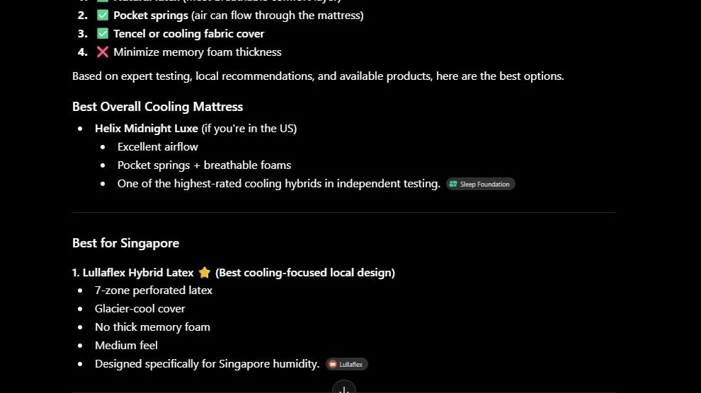 ChatGPT naming Lullaflex as the best cooling mattress for Singapore