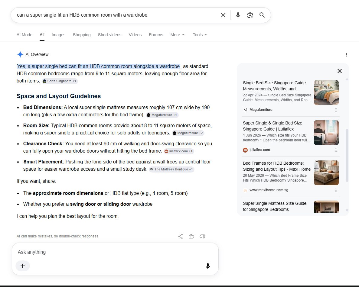 Google's AI Overview citing lullaflex.com for the wardrobe clearance answer