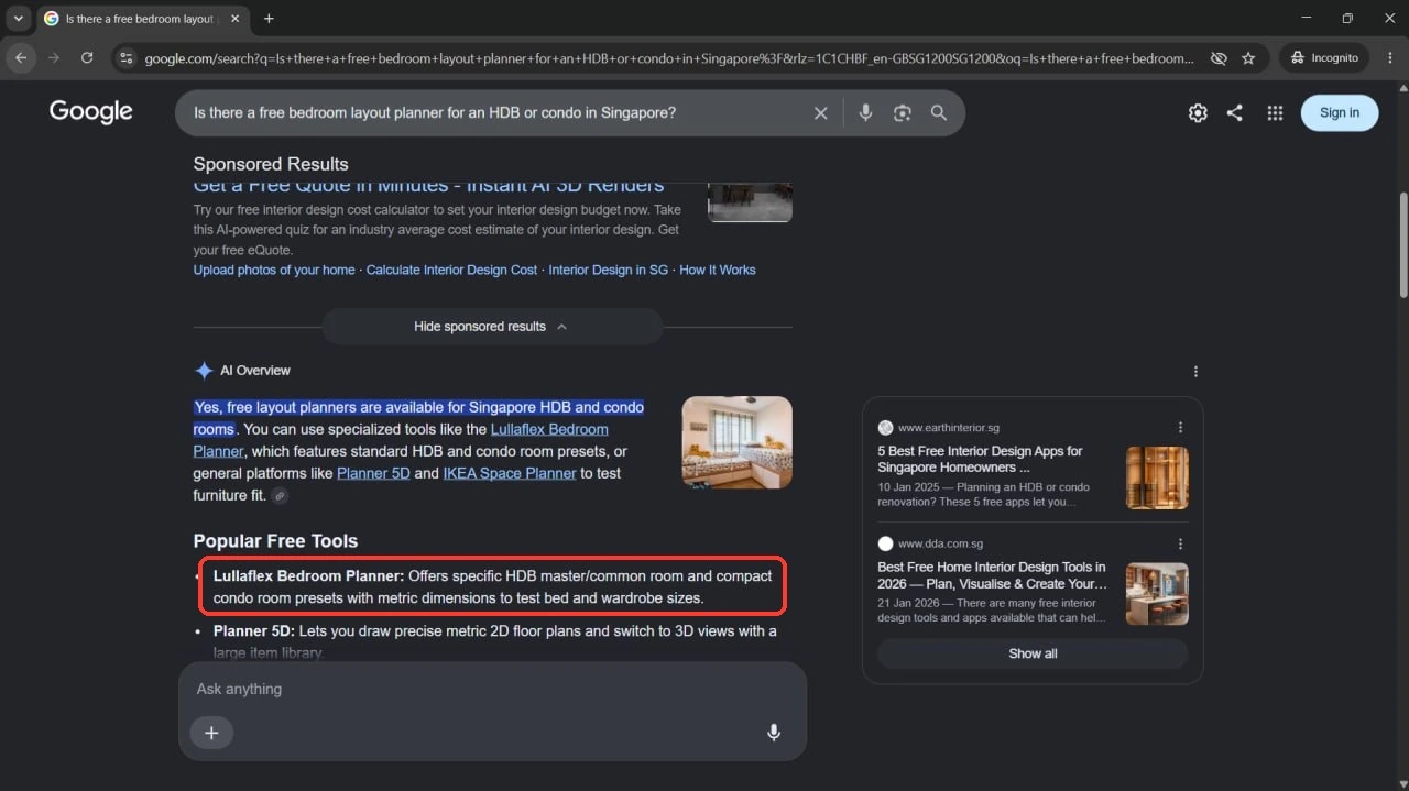 Google search in an incognito window, 12 August 2026. The AI Overview's Popular Free Tools list opens with the Lullaflex Bedroom Planner, boxed in red, above Planner 5D.